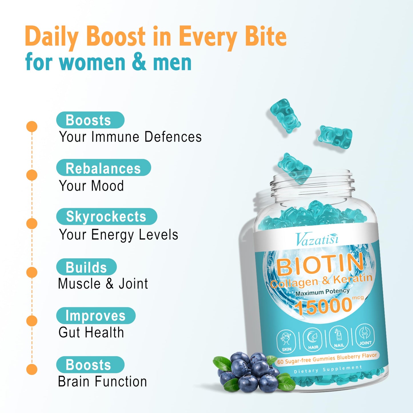 Vazatisi Biotin with Collagen Gummies for Hair, Skin & Nails, 120 Count