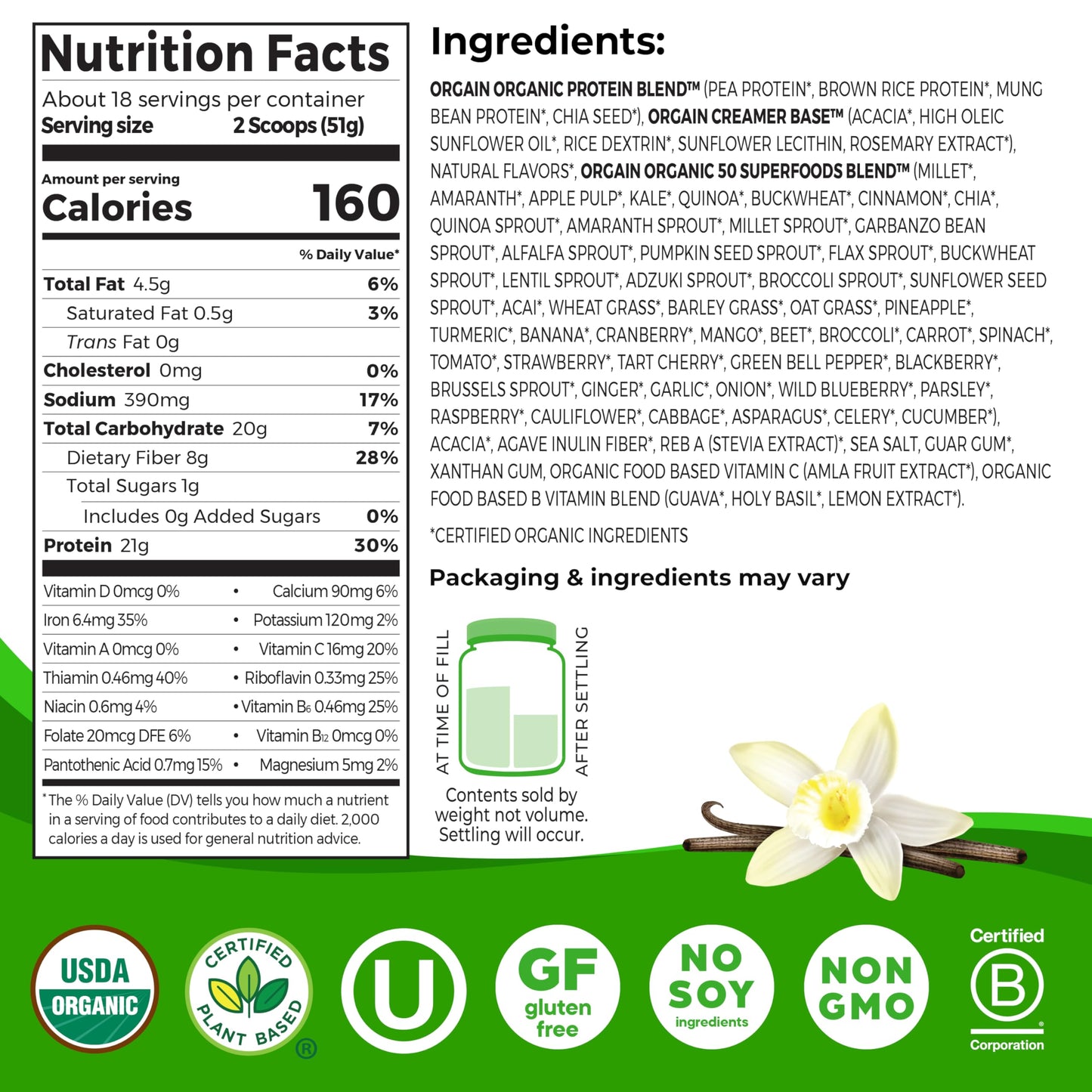 Orgain Organic Vegan Protein + Superfoods Powder Vanilla Bean, 32.32 oz