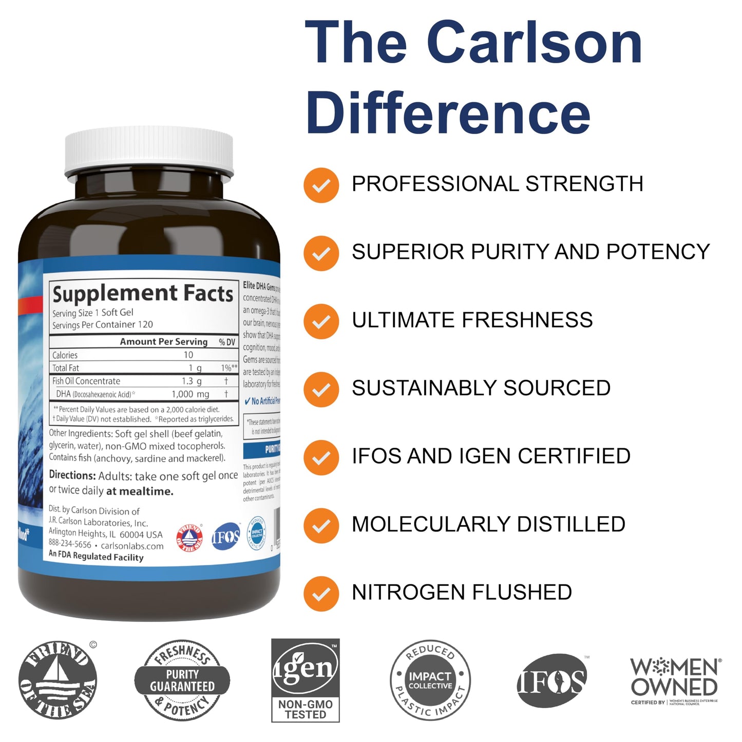 Carlson Elite DHA Gems 1000 mg DHA Softgel, 120 Softgels