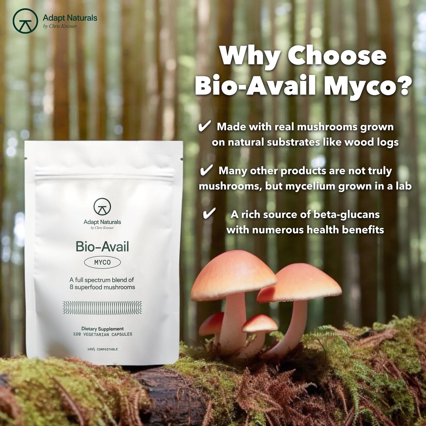 Adapt Naturals by Chris Kresser Bio-Avail Myco 8-in-1 Bioavailable Mushroom Complex (Chaga, Cordyceps, Reishi, Lion's Mane) Capsules 120 Count