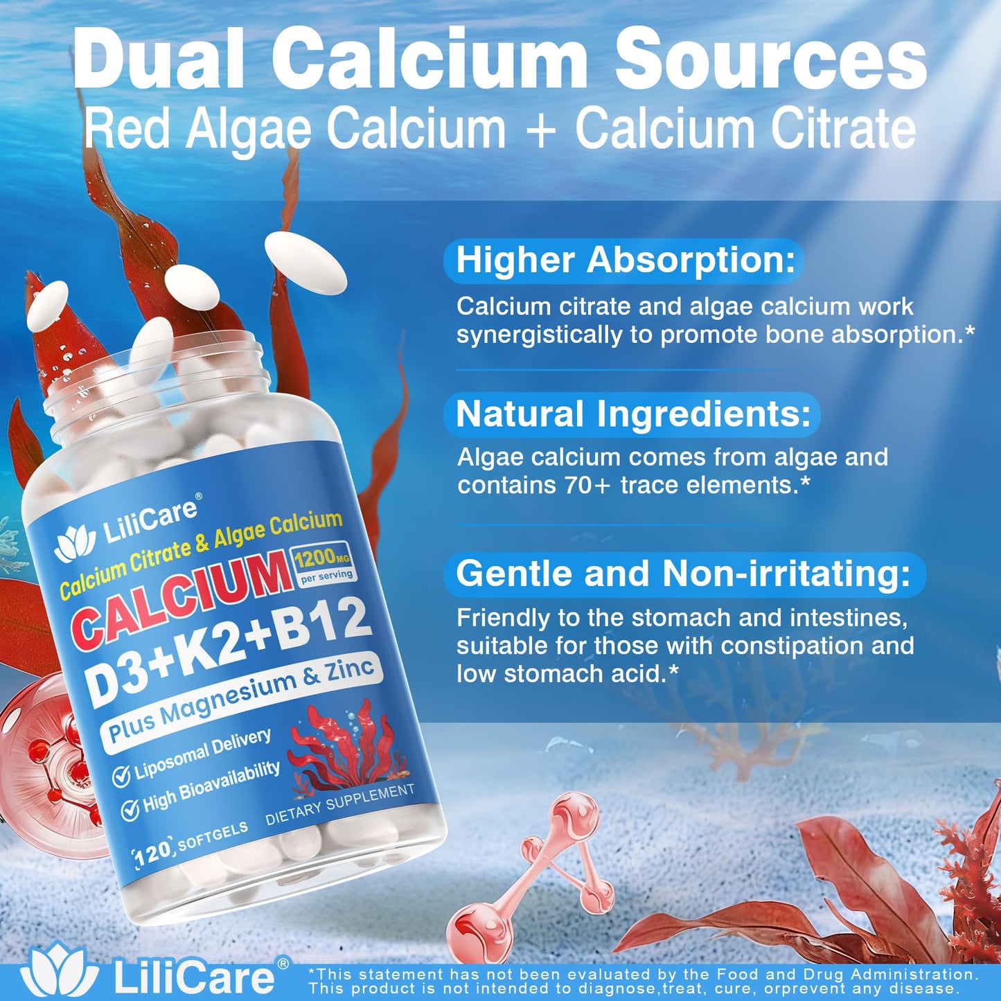 LILICARE Calcium 1200 mg with Vitamin D3 K2 Softgels, 120 Count