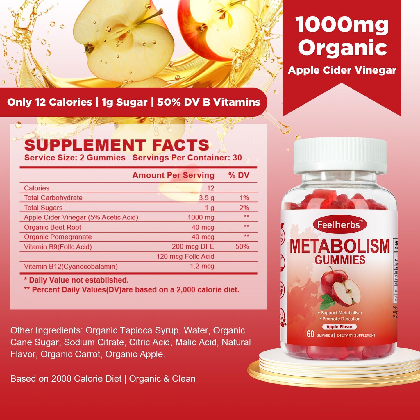 Feelherbs Metabolism Gummies for Women and Men Digestion & Energy, Apple Cider Vinegar Gummies with Vitamin B12 & Beet Root, 60 Gummies