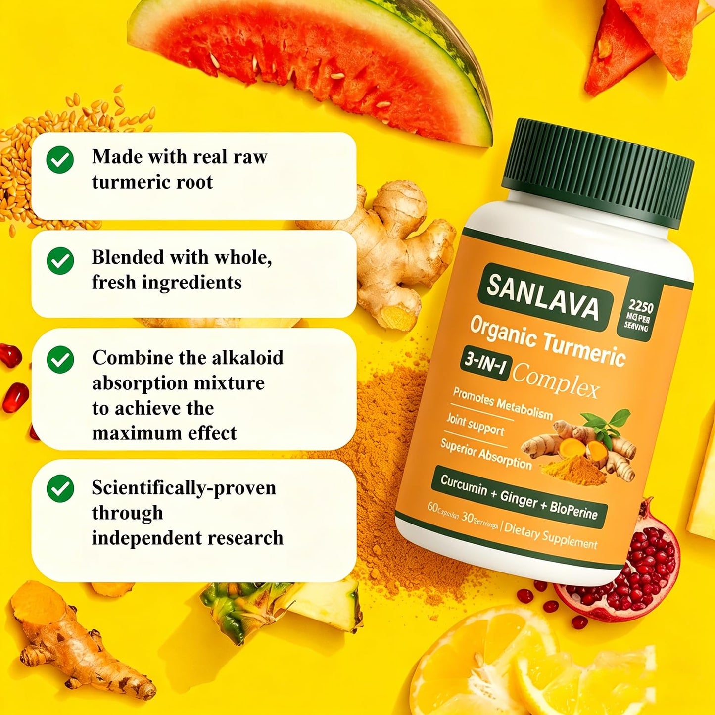 Sanlava Organic Turmeric 3-in-1 Complex Supplement 2250mg, Vegan, 60 Capsules