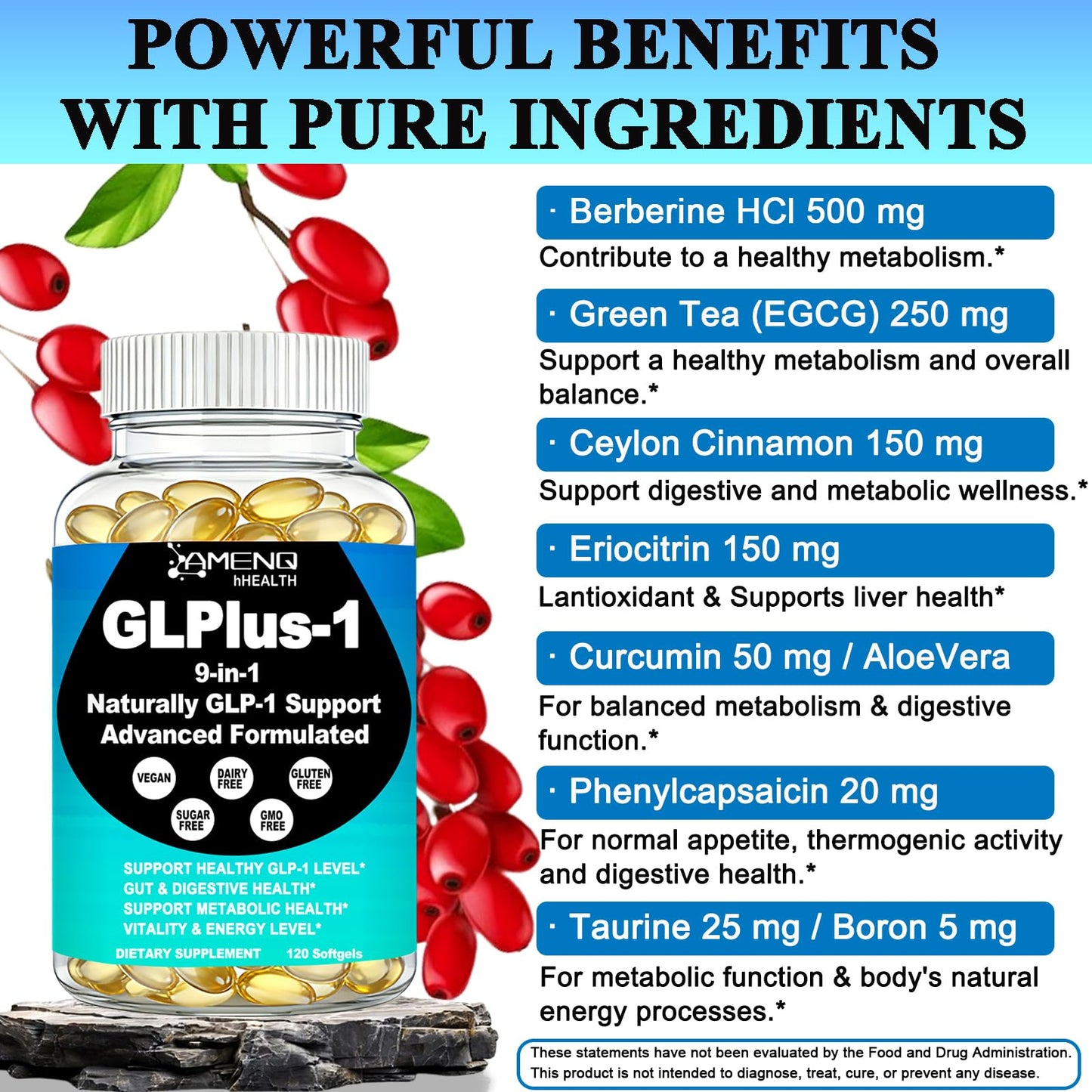 AMENQ hHEALTH Berberine Supplement with Ceylon Cinnamon, Natural GLP & Metabolic Booster Softgel 120 Count