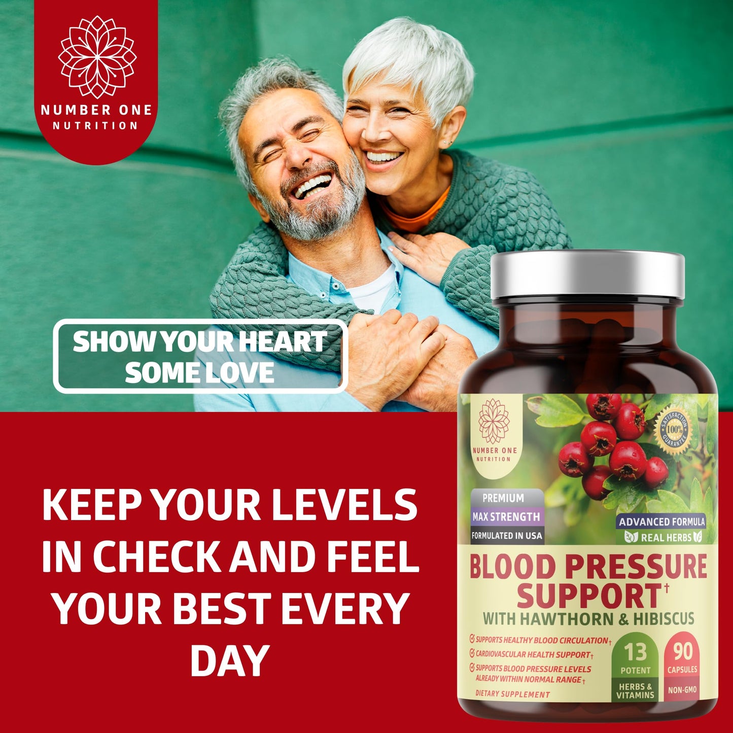 Number One Nutrition N1N Premium Blood Pressure Support with Hawthorn and Hibiscus Capsule 90 Count
