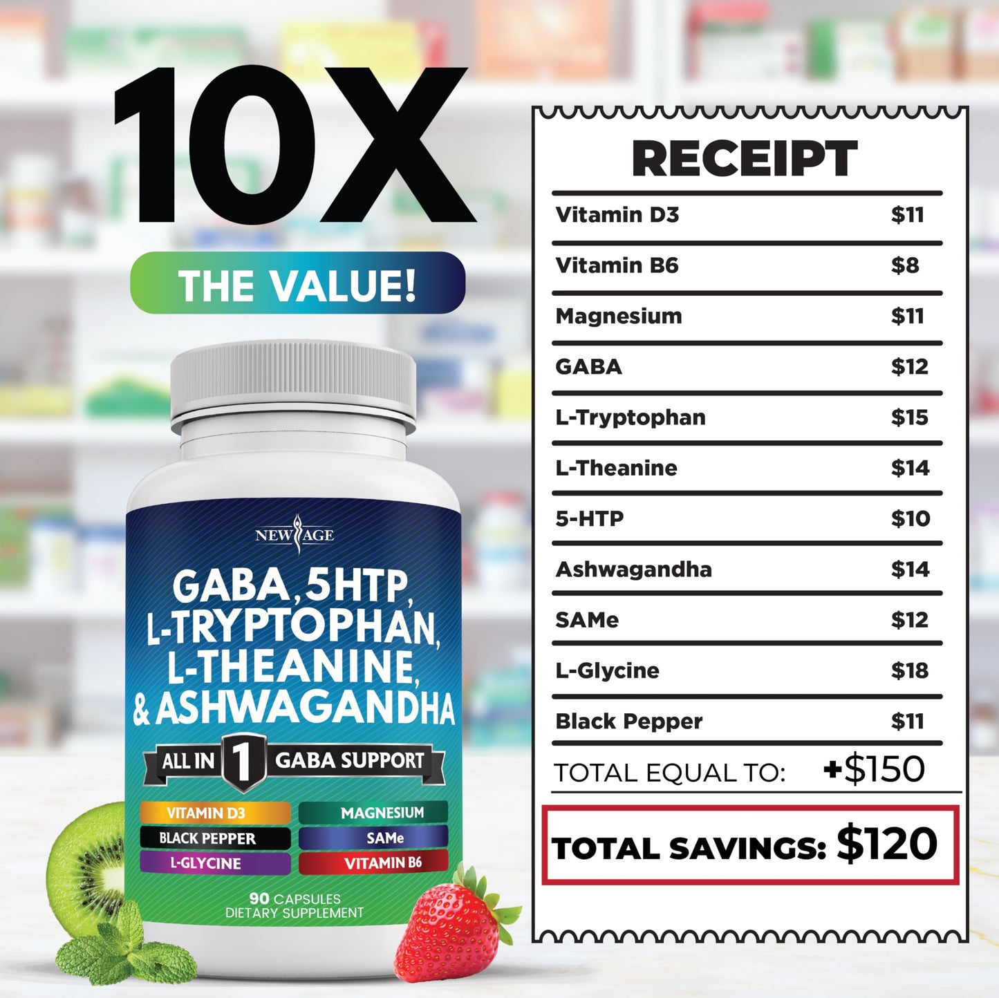 NEW AGE GABA 750mg 5-HTP 200mg L-Tryptophan 500mg L-Theanine 200mg Ashwagandha SAM-e L-Glycine Capsules, 90 Count