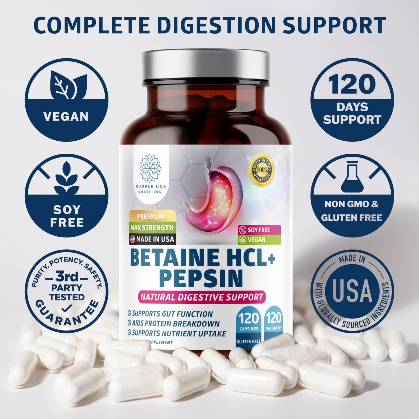 Number One Nutrition Premium Betaine Hydrochloride Enzymes Supplement with Pepsin Capsule, 120 Count