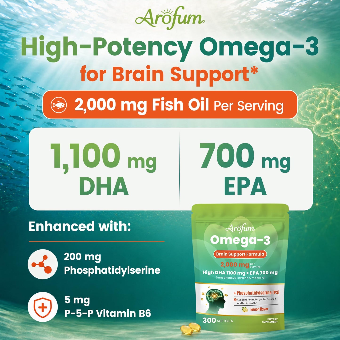Arofum Omega 3 Fish Oil 2000mg with DHA & Phosphatidylserine Softgels 300