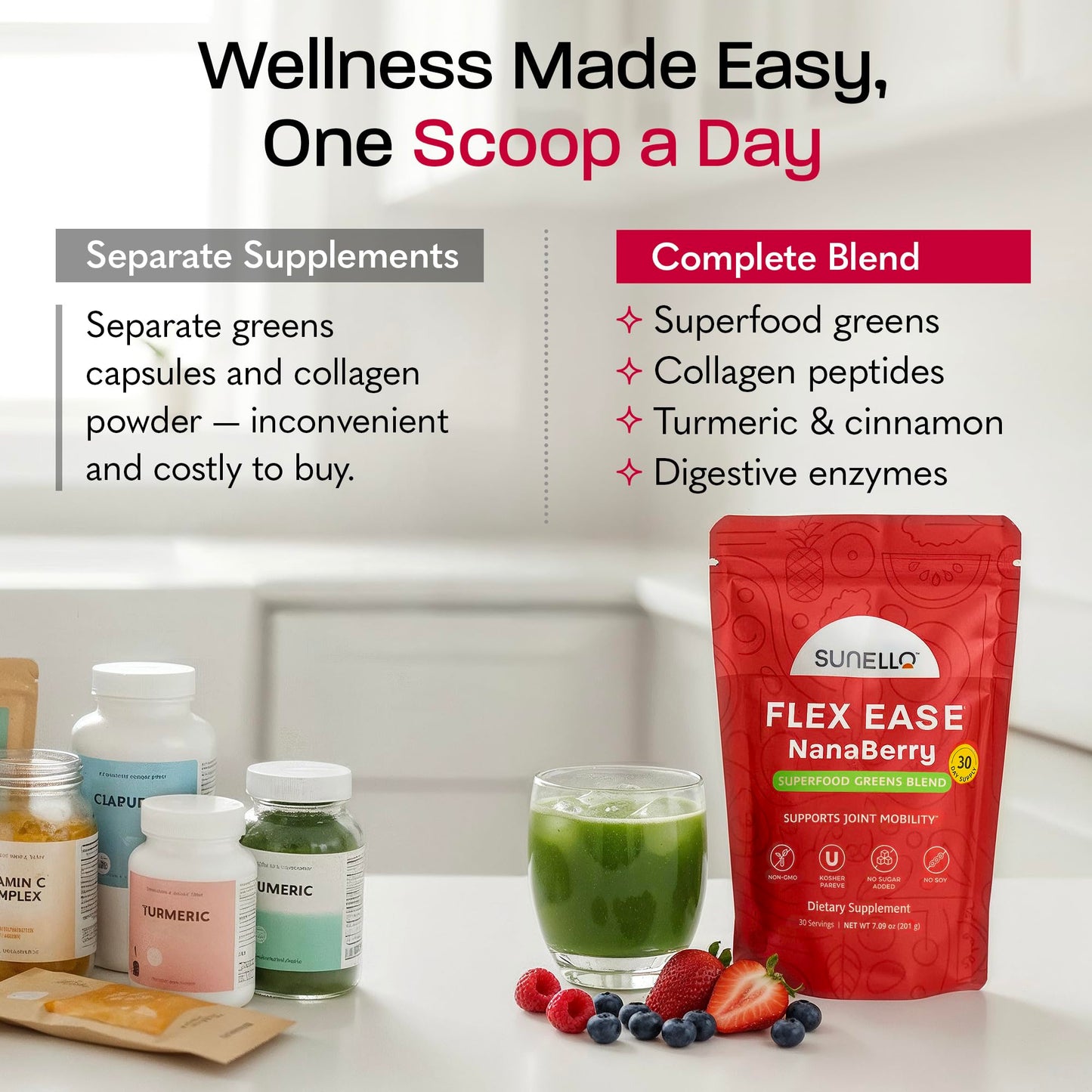 Sunello Super Greens for Joint Health Collagen NanaBerry 0 Sugar Powder 1 Ounce