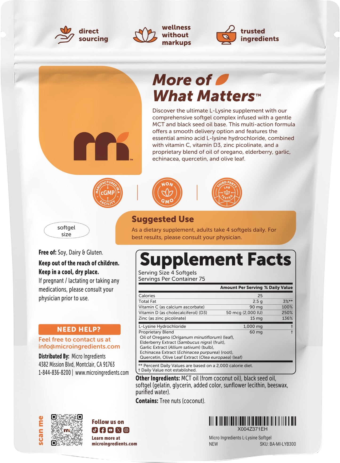Micro Ingredients L-Lysine Guard 1,000mg Per Serving Softgels 300