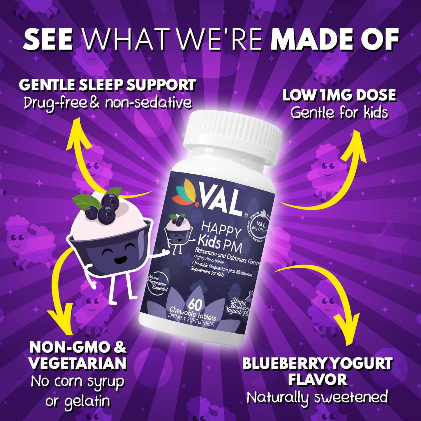 VAL Happy Kids PM Sleep Support for Kids with Magnesium, Melatonin, Vitamin B6 & C, 60 Tablets