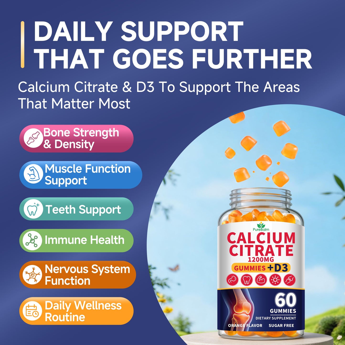 PureBalm Calcium Citrate 1200mg with Vitamin D3 Gummies, 120 Gummies