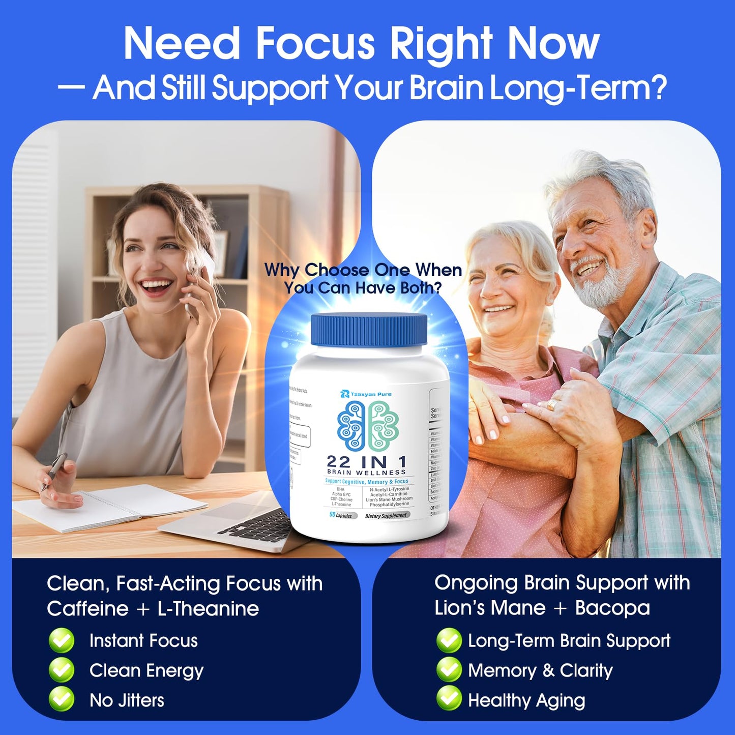 Tzaxyan Pure Brain Supplements for Memory and Focus - 22-in-1 Brain Supplement with Alpha GPC, Citicoline, Vitamin B12, Bacopa, Lion’s Mane, DHA - Brain Health for Clarity, Energy & Cognitive Support, 90 Capsules