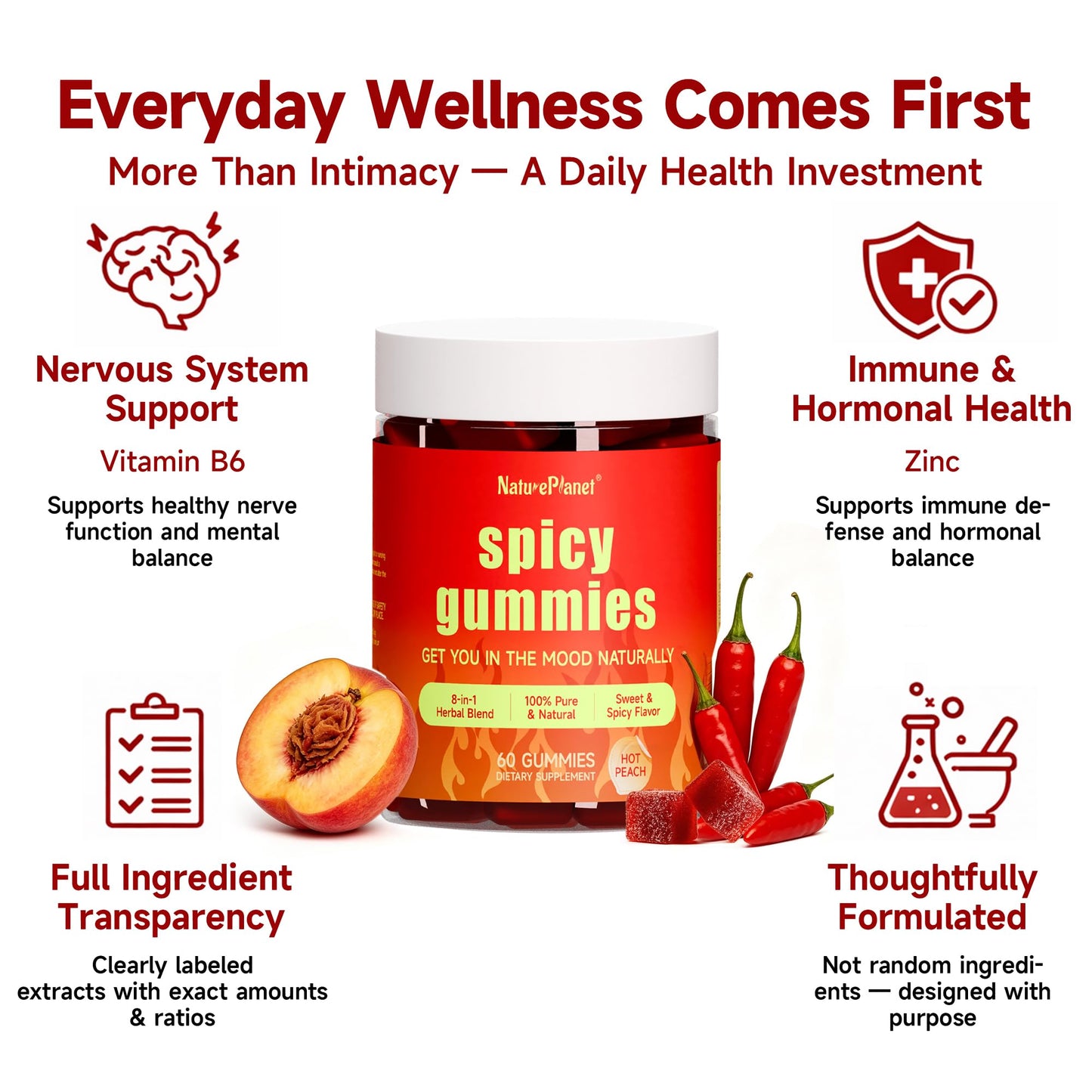 NaturePlanet Spicy Gummies Mood & Stress Support with L-Theanine, Saffron, Ashwagandha, Epimedium, Muira Puama, Maca, Hot Peach Flavor, 60 Gummies