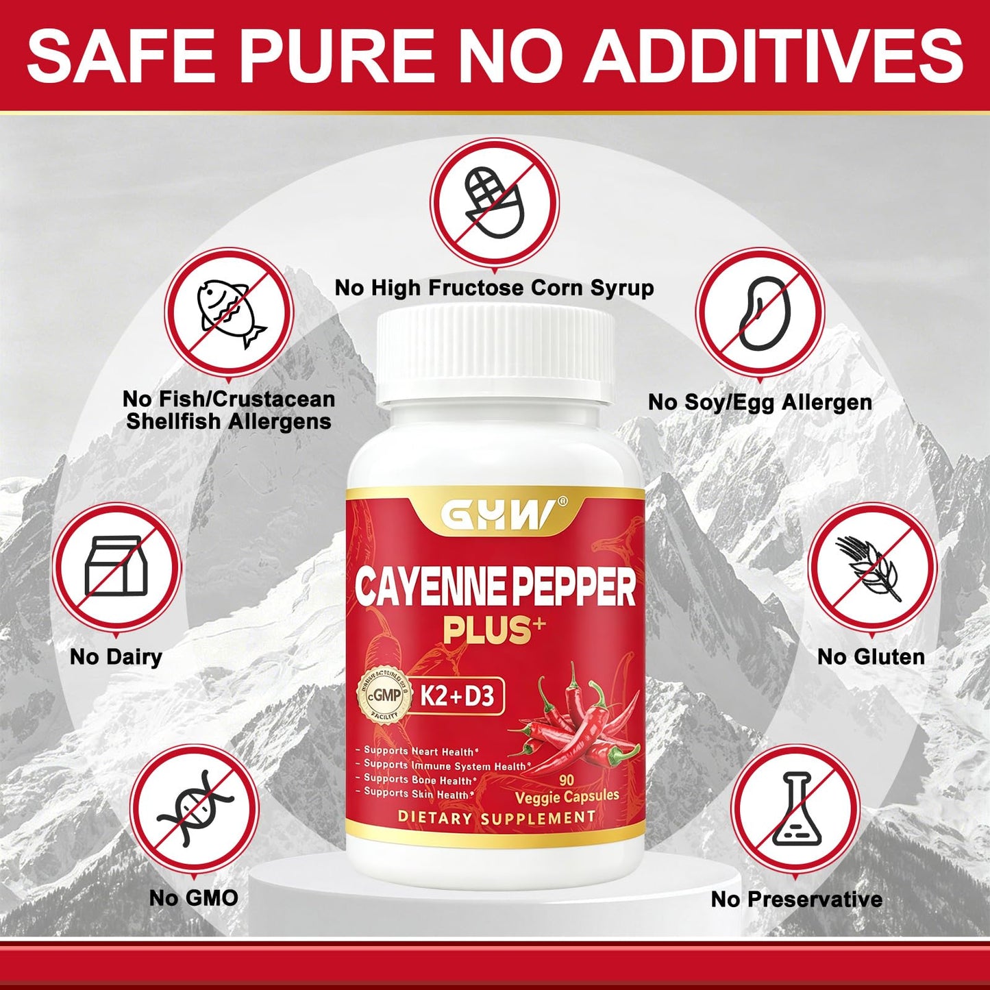 GHW Cayenne Pepper Capsules with Vitamin D3 & K2, 90 Capsules