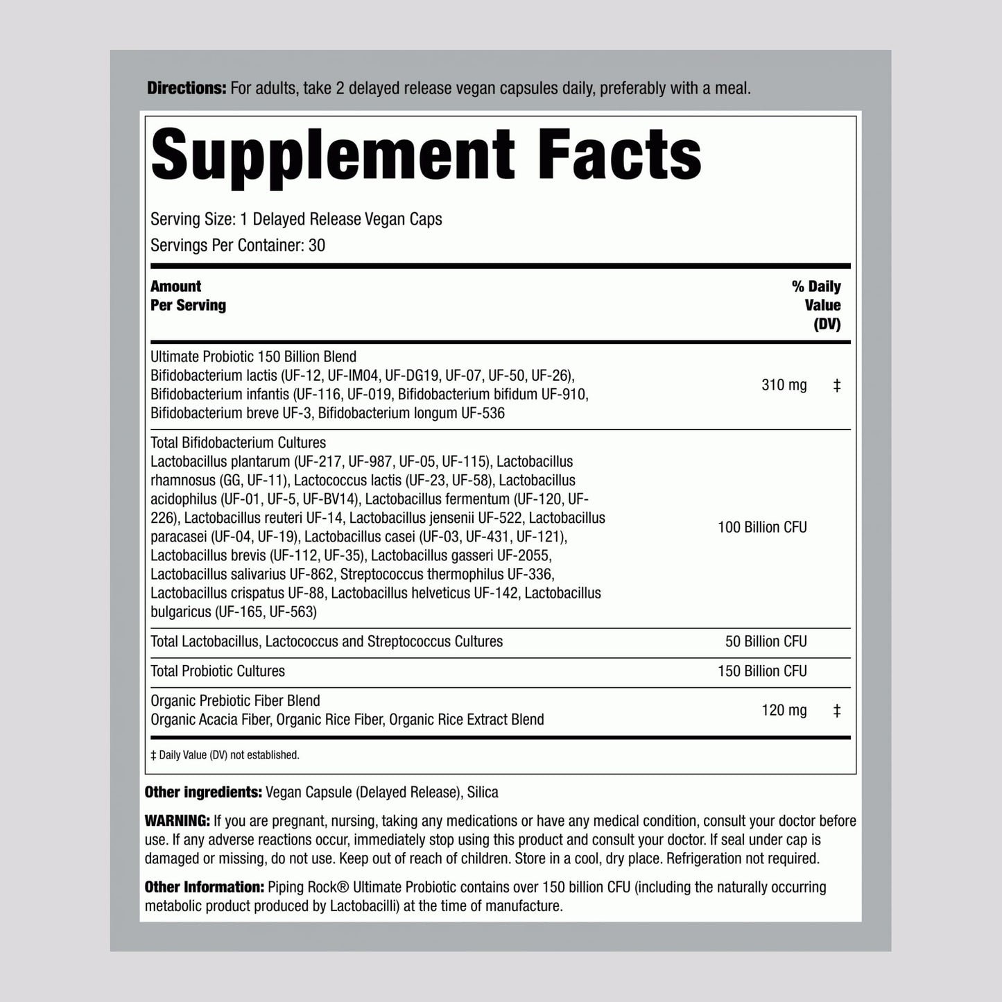 Piping Rock Ultimate Probiotic 150 Billion CFU Capsules, 30 Count
