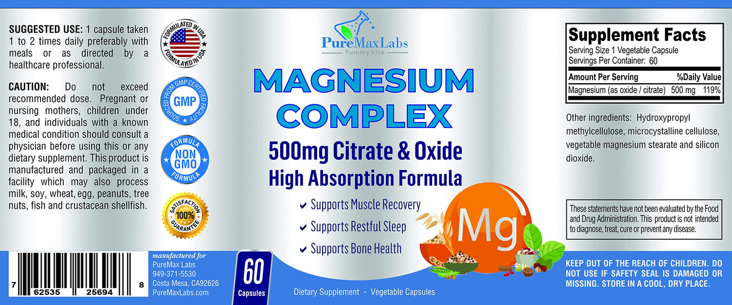 YUMMYVITE Magnesium Citrate Complex 500mg Capsules, 60 Count