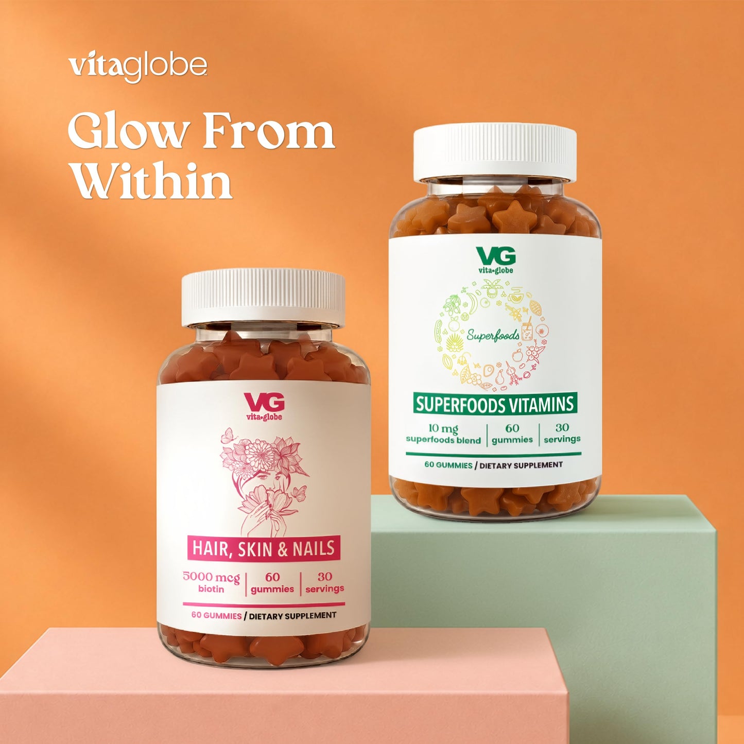 VITA GLOBE Hair, Skin & Nails + Collagen Gummies – 20mg with Vitamins A, C, D, E, B6 & Biotin, Beauty & Wellness Supplement for Healthy Hair Growth, Radiant Skin & Strong Nails, 60 Gummies