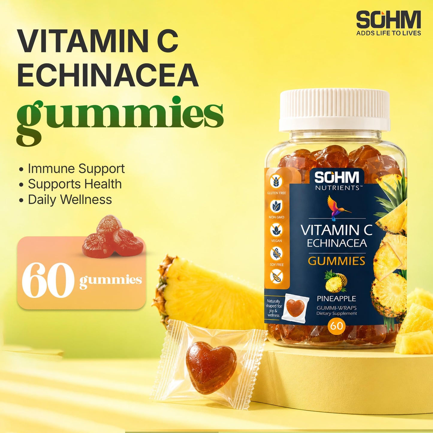 SOHM Vitamin C 60000mcg + Echinacea 10000mcg Gummies, 60 Count