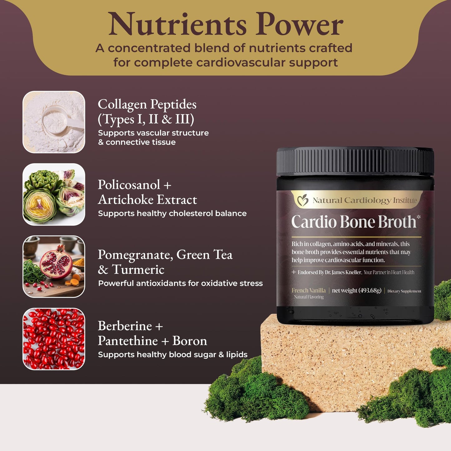 Natural Cardiology Institute Cardio Bone Broth Protein Powder with Collagen Peptides, Vanilla Flavored, 17.4 oz