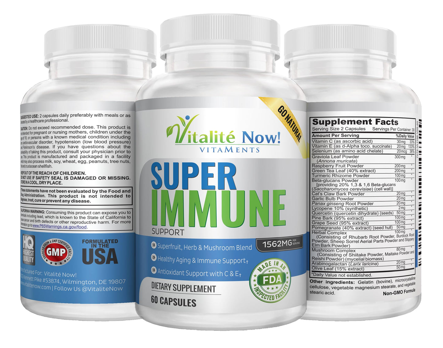 Vitalité Now! Super Wellness Immune Booster Quercetin Immunity Support with 25 Vitamins, Herbs, Superfoods and Mushrooms, Vitamins C and E, Selenium, Turmeric 60 Capsules