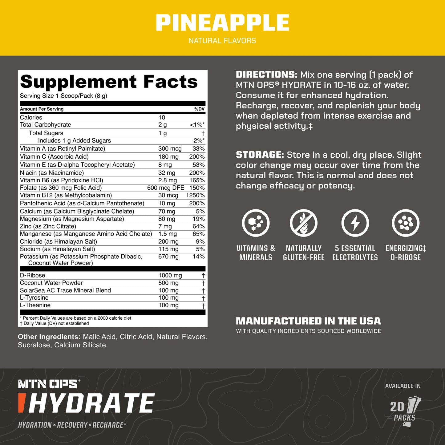 MTN OPS Hydrate Sugar Free Electrolyte Packets Powder, 5.6 Ounce