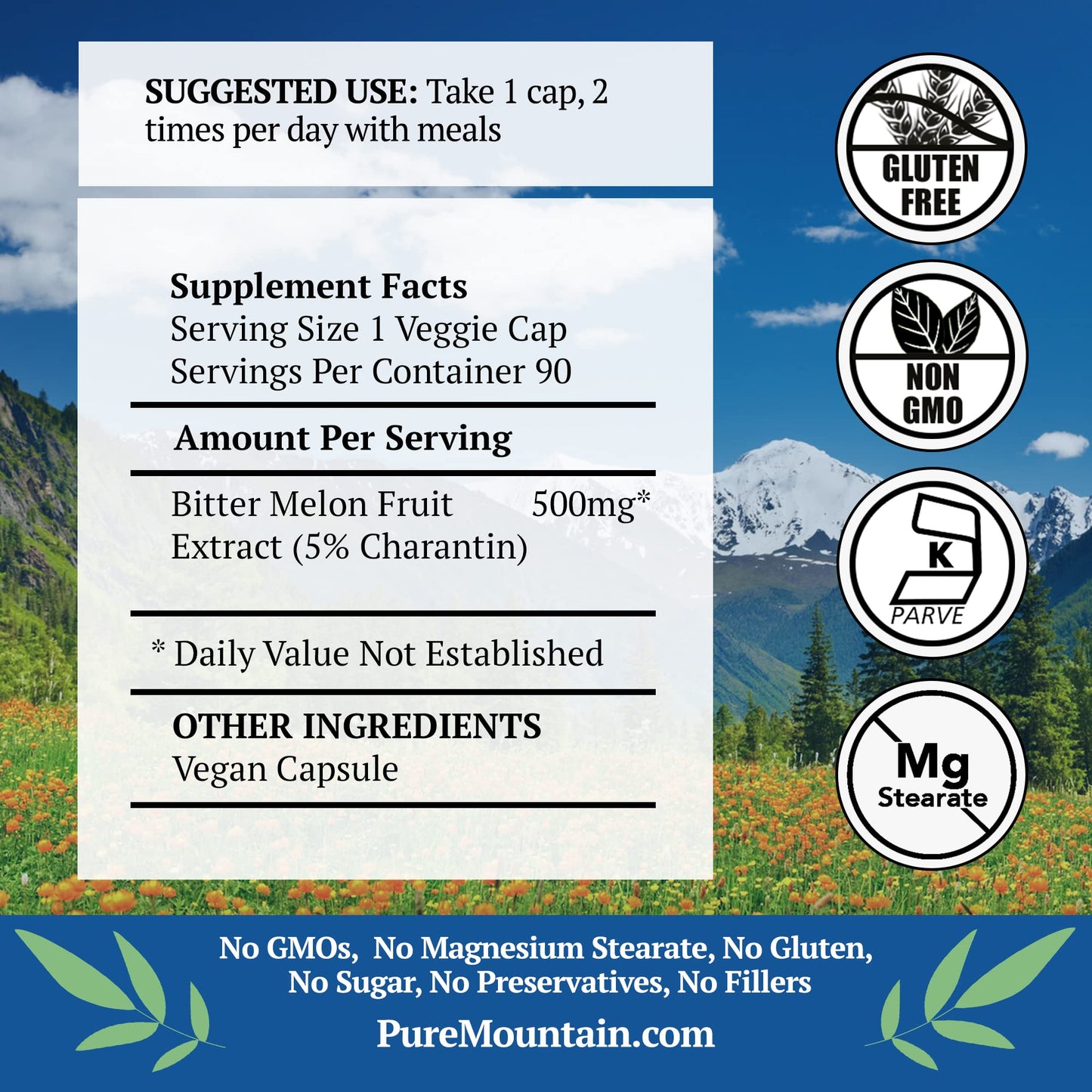 Pure Mountain Botanicals Bitter Melon Capsules 500mg Bitter Melon Extract, 90 Capsules