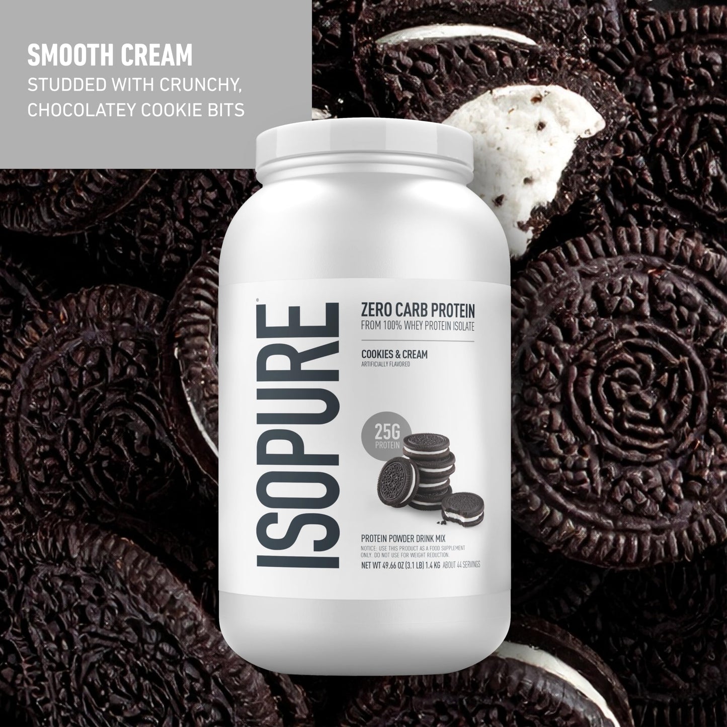 Isopure Zero Carb 100% Pure Whey Isolate Protein Powder Cookies & Cream, 48 Servings, 3 lb