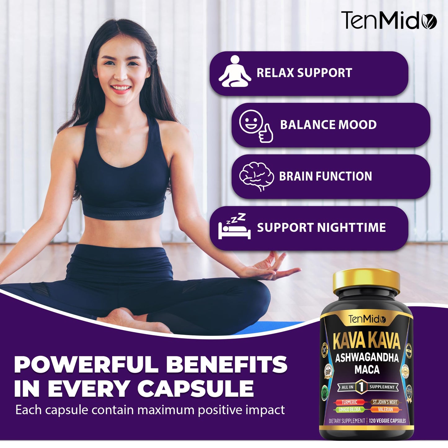 Tenmido Kava Kava Root Supplement Capsules 120 Count