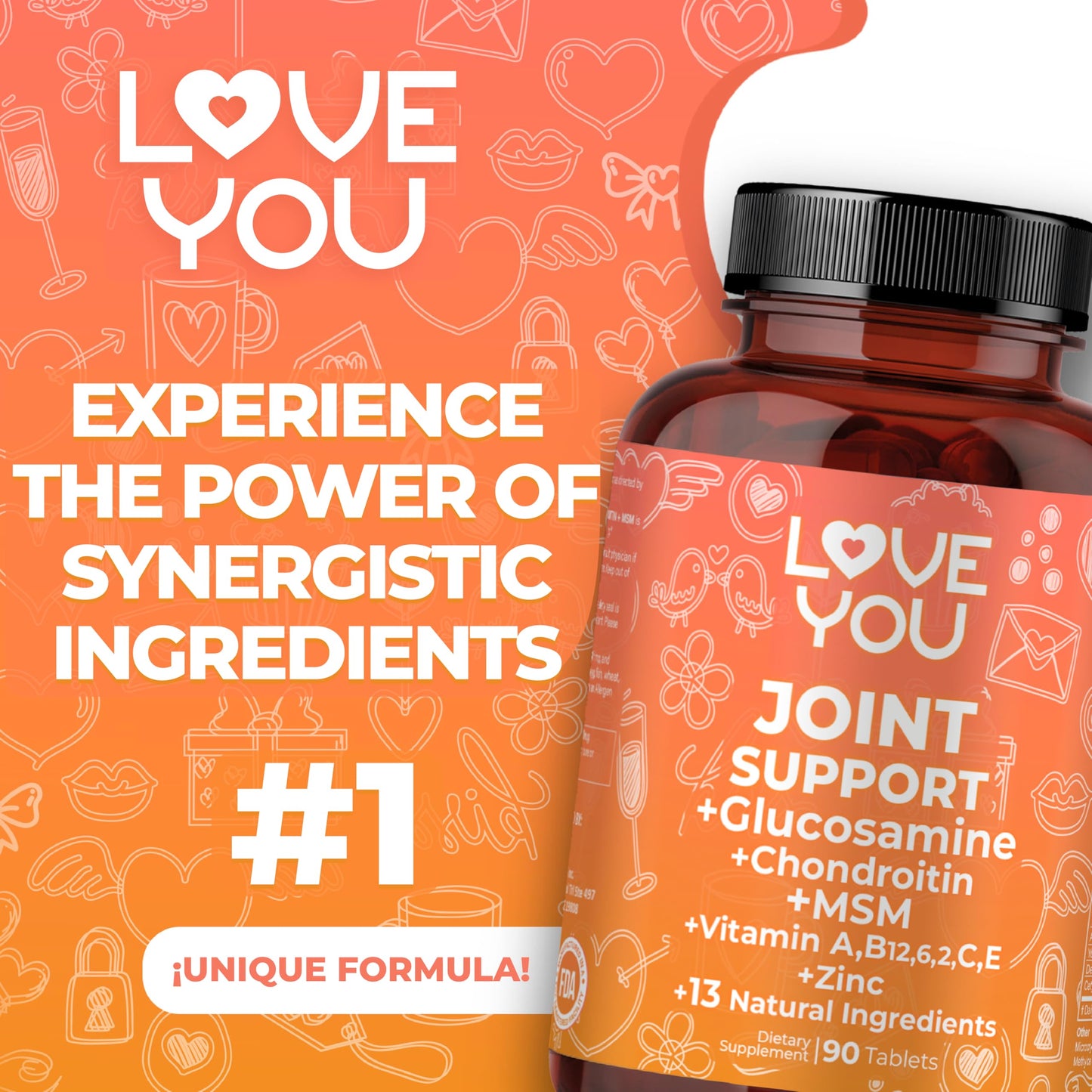 Love You Joint Support Supplement with Glucosamine, Chondroitin, MSM & Turmeric - 90 Tablets