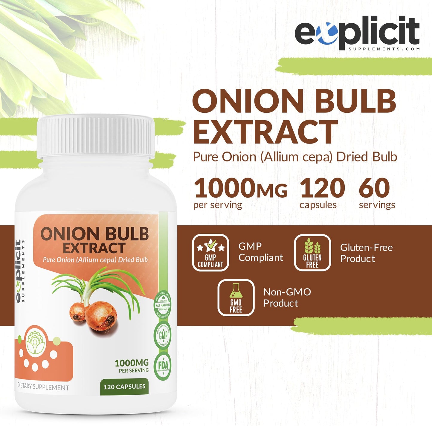 eXplicit Supplements All Natural Onion Extract 1000mg - Dried Onion Bulb (Allium Cepa) Herbal Supplement Capsules, 120 Count