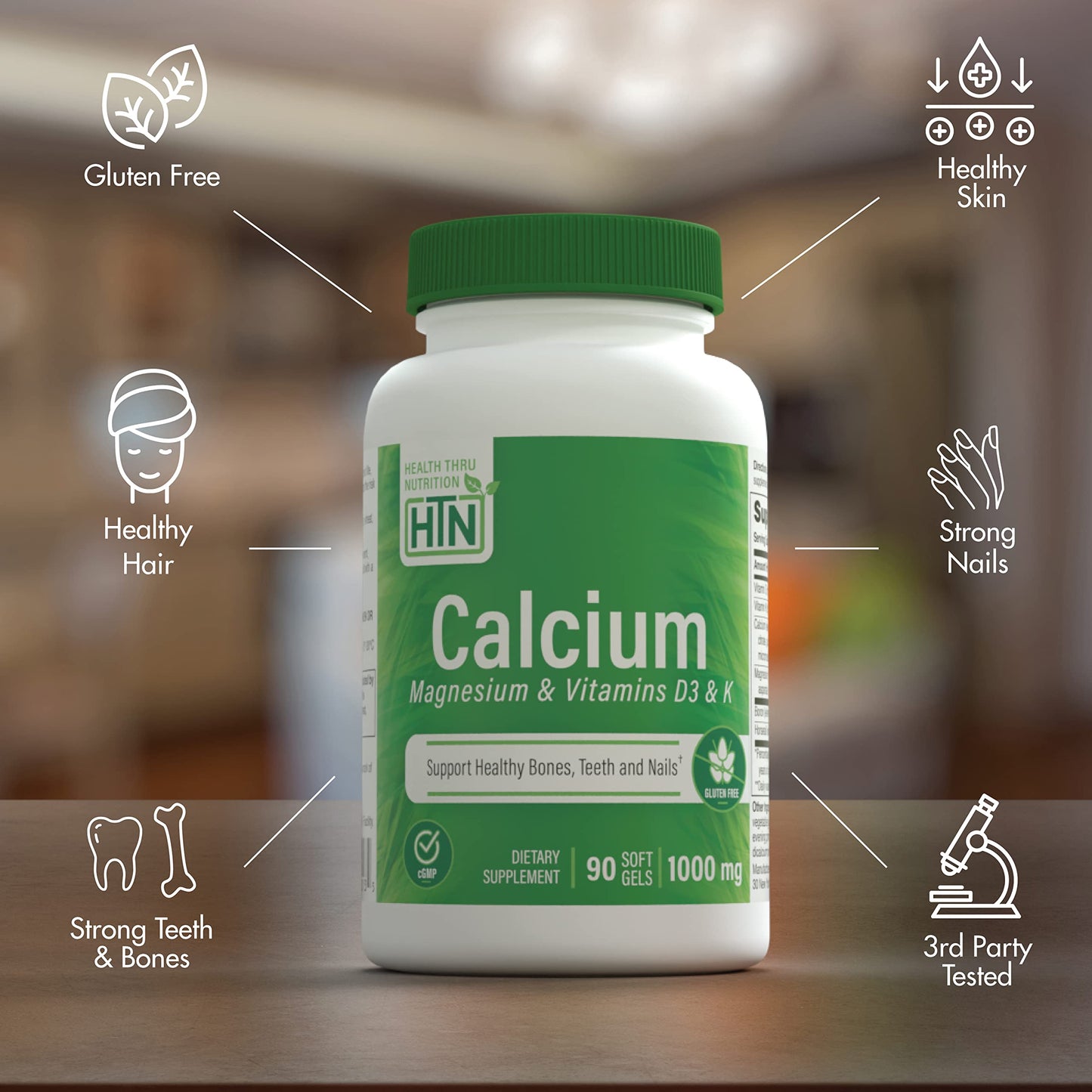 Health Thru Nutrition Calcium 1000mg and Magnesium 400mg with Vitamin D3 & K Softgels, 90 Count