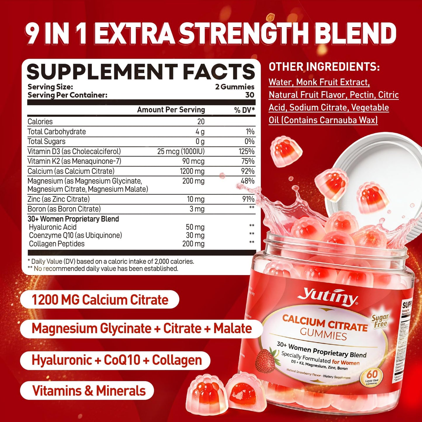 Yutiny Calcium Supplement for Women Gummies 1200 mg, 60 Count
