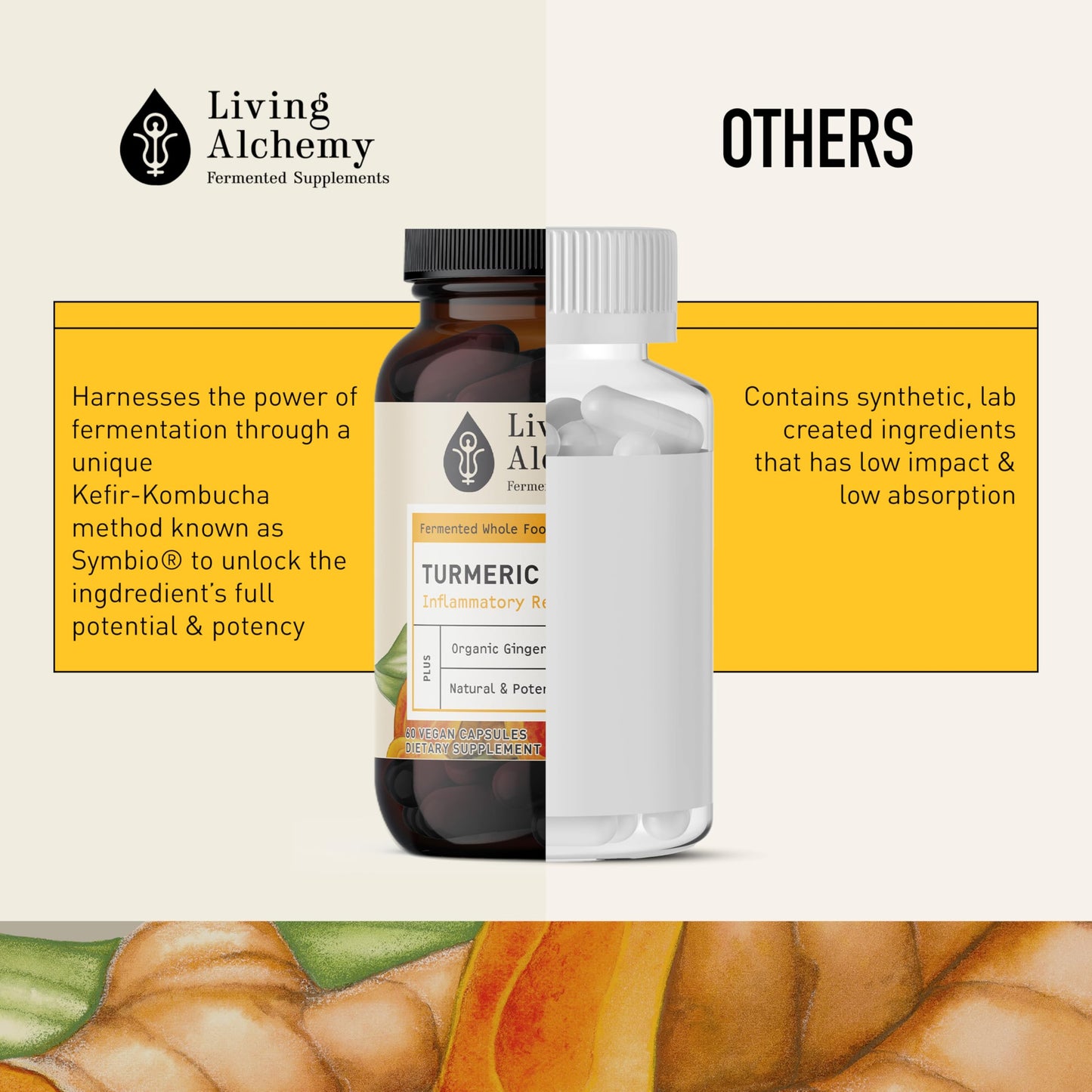 Living Alchemy Turmeric & Ginger Supplement Fermented Turmeric Capsules for Gut, Mobility & Joint Support, Vegan, Non-GMO, Filler-Free, Dairy-Free, 60 Capsules