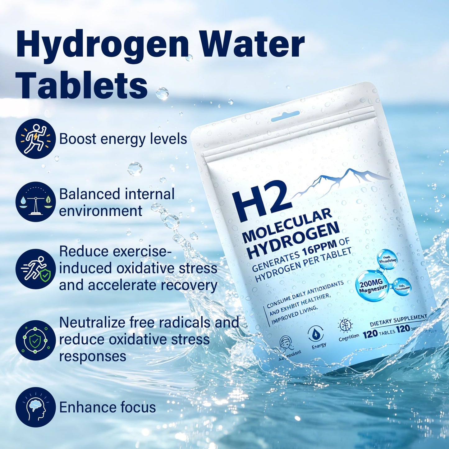 Hekeauo Hydrogen Water Tablets, 16PPM, 120 Tablets