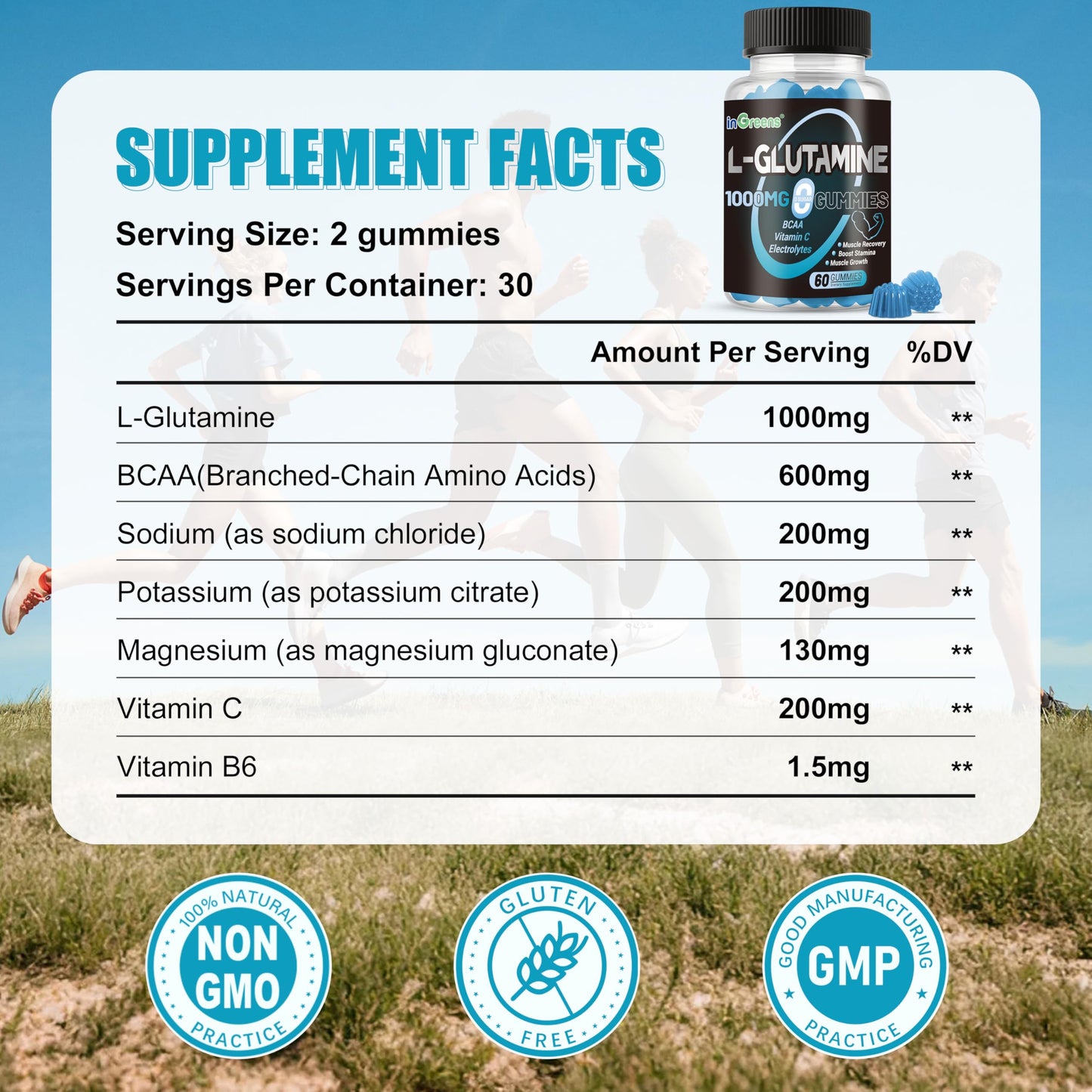 inGreens L-Glutamine Gummies 1000mg with BCAA, Potassium, Magnesium & Vitamin C, Muscle Recovery, Endurance Support & Daily Nutrition, Portable Supplement for Men and Women, Lime Grapefruit Flavor, 240 Gummies