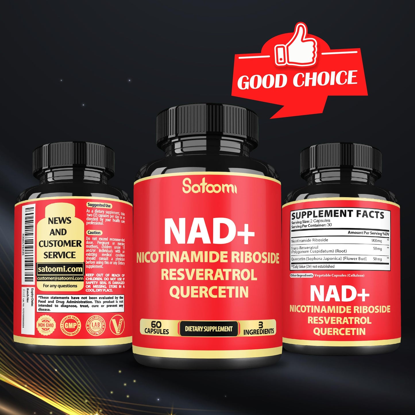 Satoomi NAD Supplement with Nicotinamide Riboside NR, Resveratrol, Quercetin, 60 Capsules