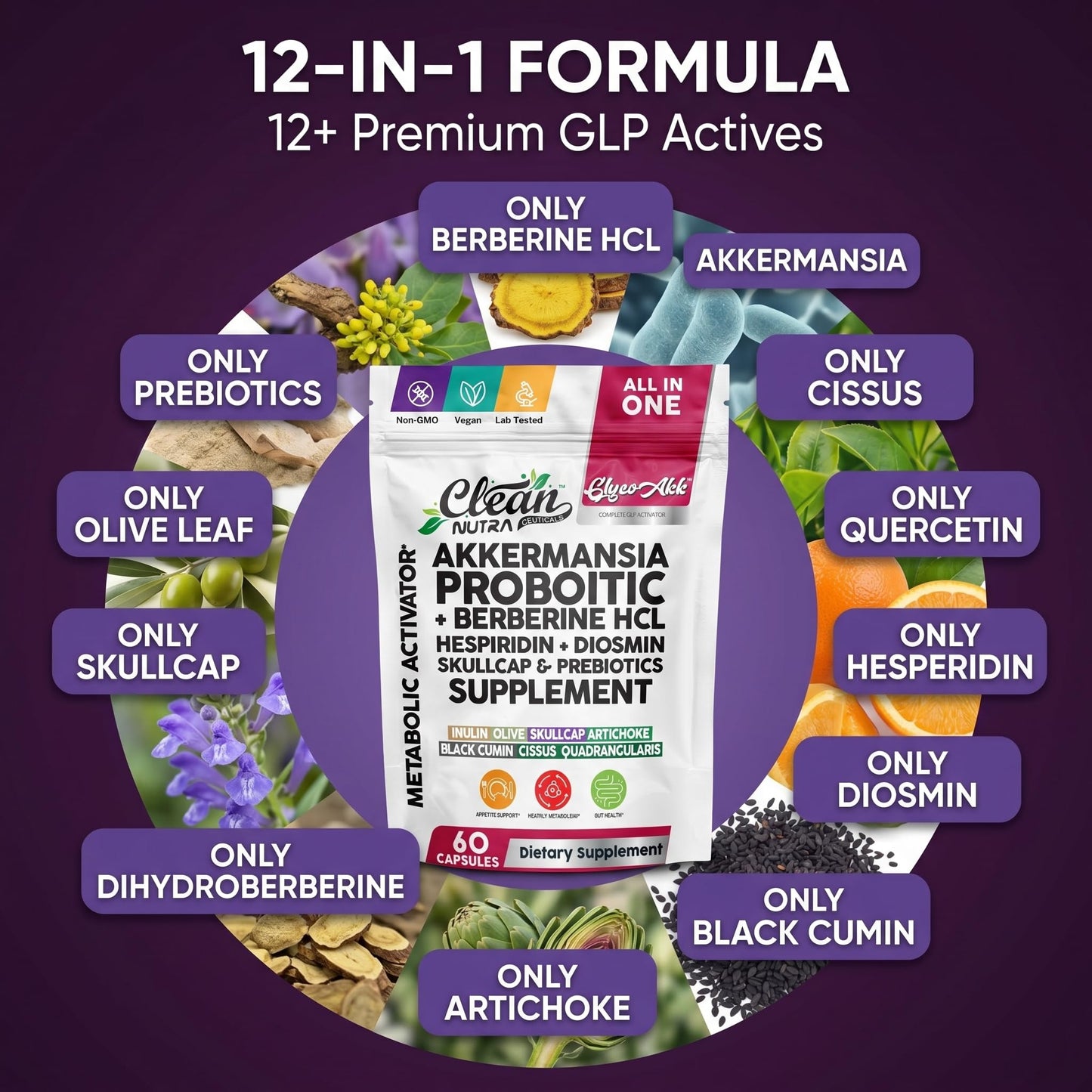 Clean Nutraceuticals Glyco Akk Akkermansia Probiotic with Berberine HCL, Hesperidin & Diosmin, Skullcap and Prebiotics, All-in-One Formula, Non-GMO, Vegan, Lab Tested, 60 Capsules