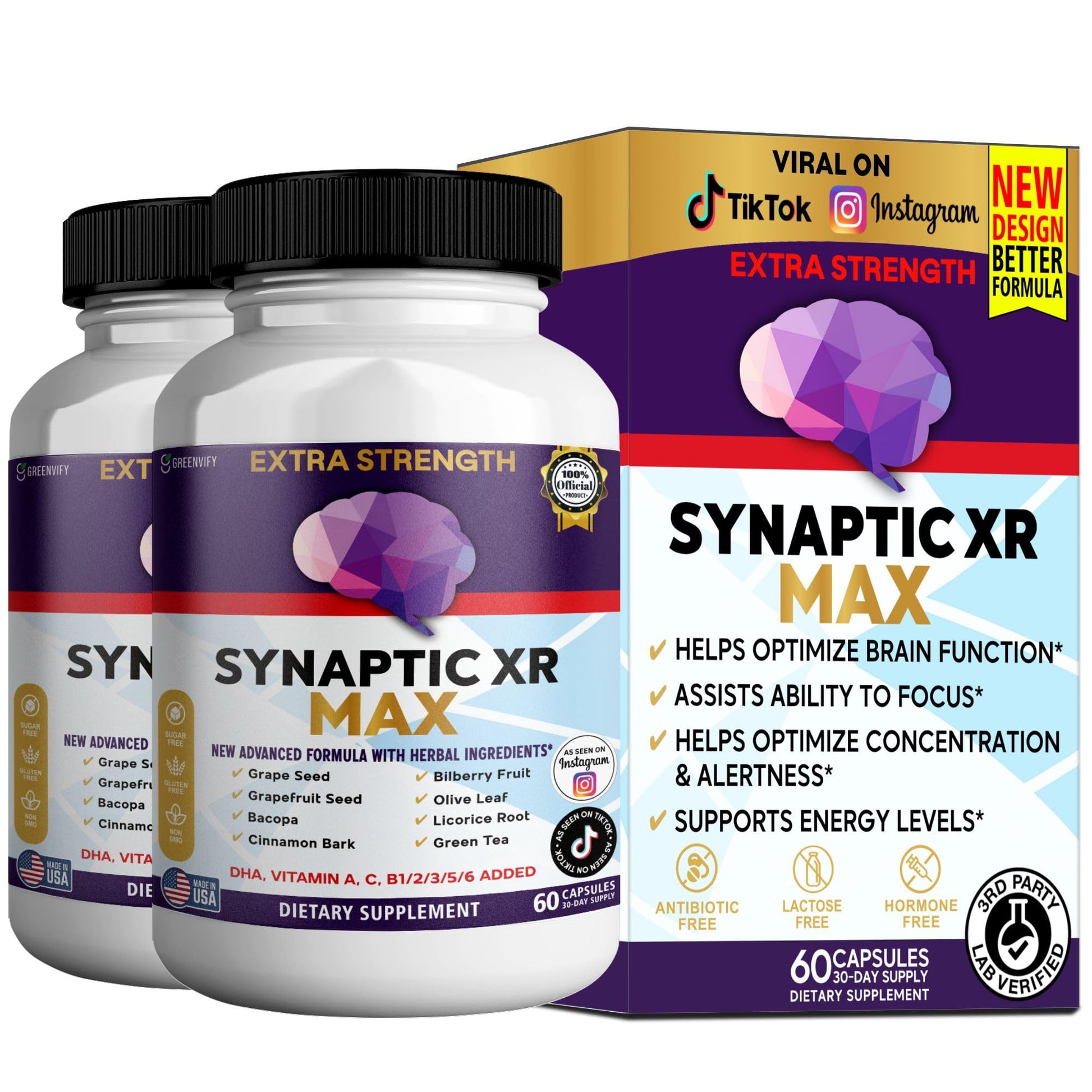 GREENVIFY Synaptic XR Max Extra Strength Brain Support Supplement with Herbal Ingredients 60 Capsules