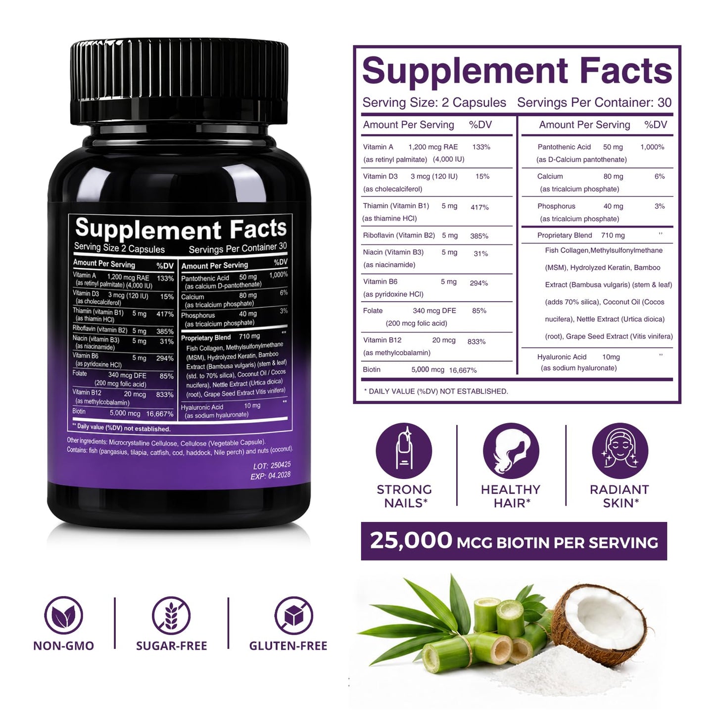 KEGECOL Hair Skin & Nails Vitamins with Biotin 25000mcg – Hair Growth Support with Collagen, Keratin, Hyaluronic Acid & B-Complex (B1 B2 B3 B6 B7) – Third Party Tested – Women & Men – 60 Capsules
