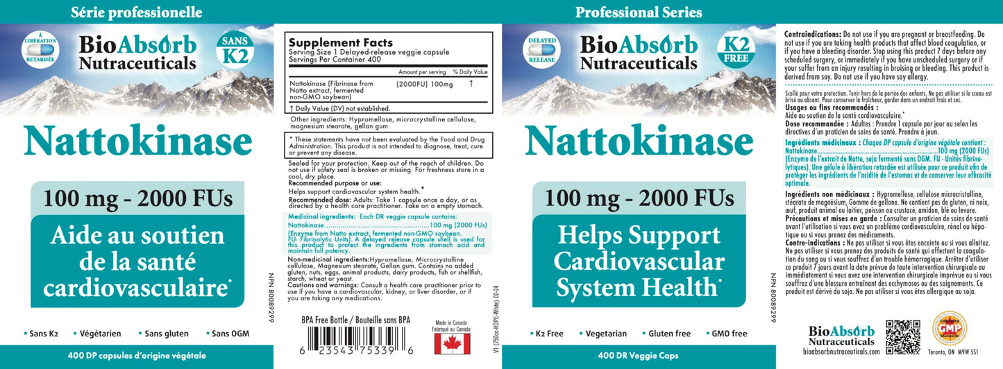 Bio Absorb Nutraceuticals Nattokinase Supplement Delayed Release Capsules, 400 Count