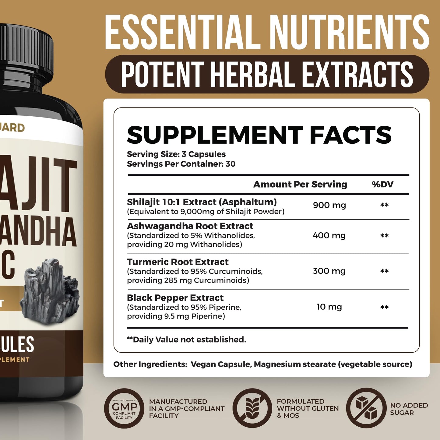 Vita Guard Himalayan Shilajit + Ashwagandha & Turmeric Vegan Capsules, 90 Capsules