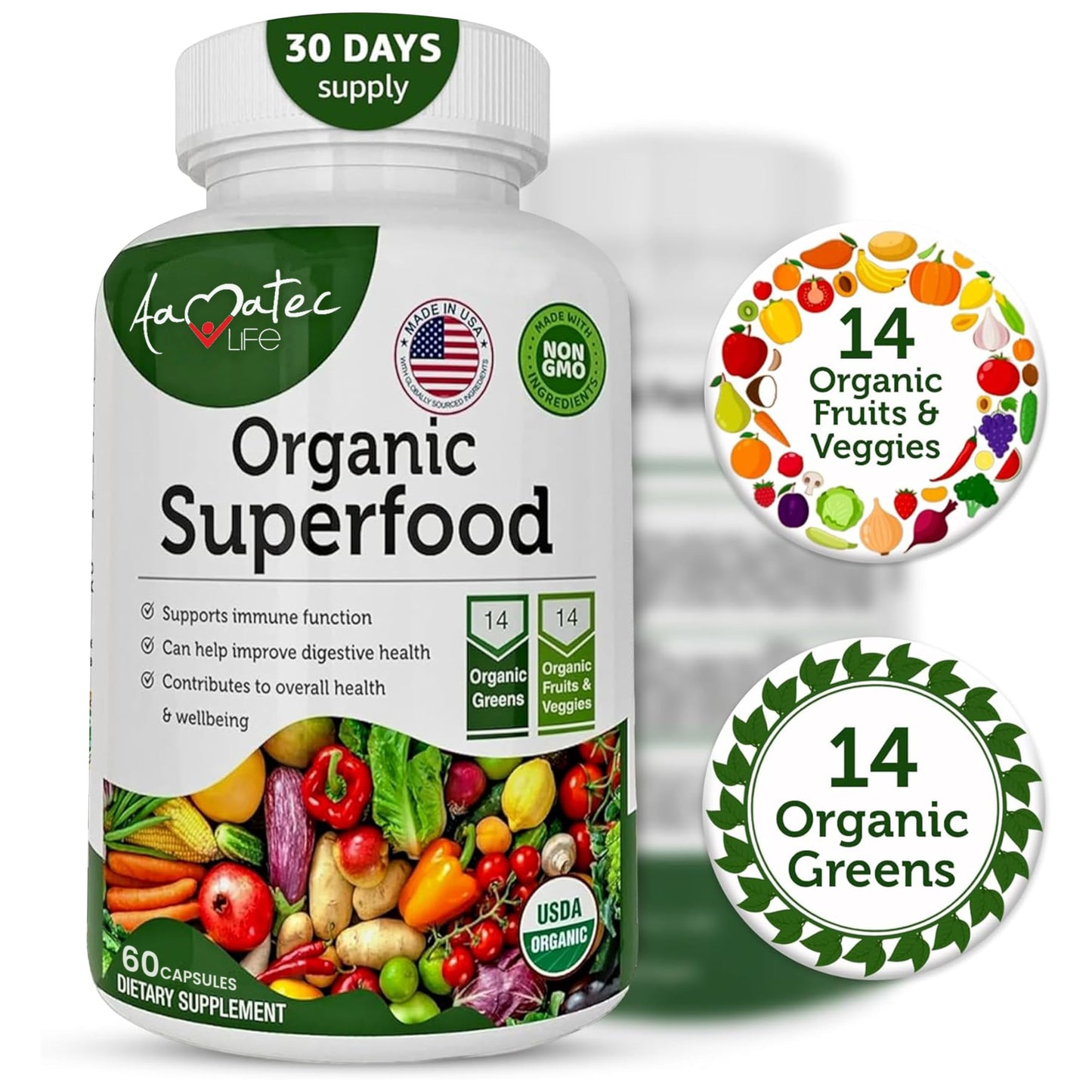 AAMATEC LIFE Organic Superfood Greens, Fruits & Veggies Complex with Alfalfa & Antioxidant Organic Ingredients Non-GMO Capsules 240
