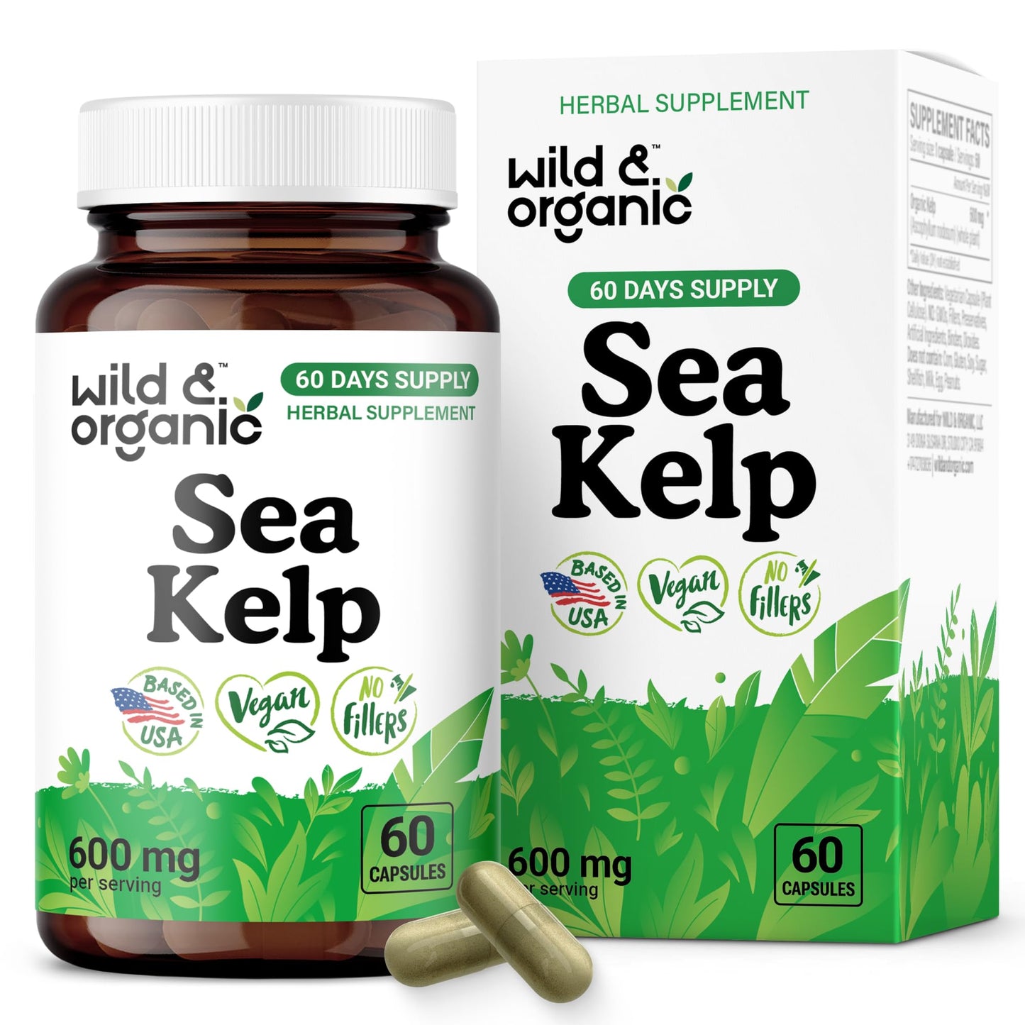 Wild & Organic Sea Kelp Supplement Capsules 600 mg, 60 Count