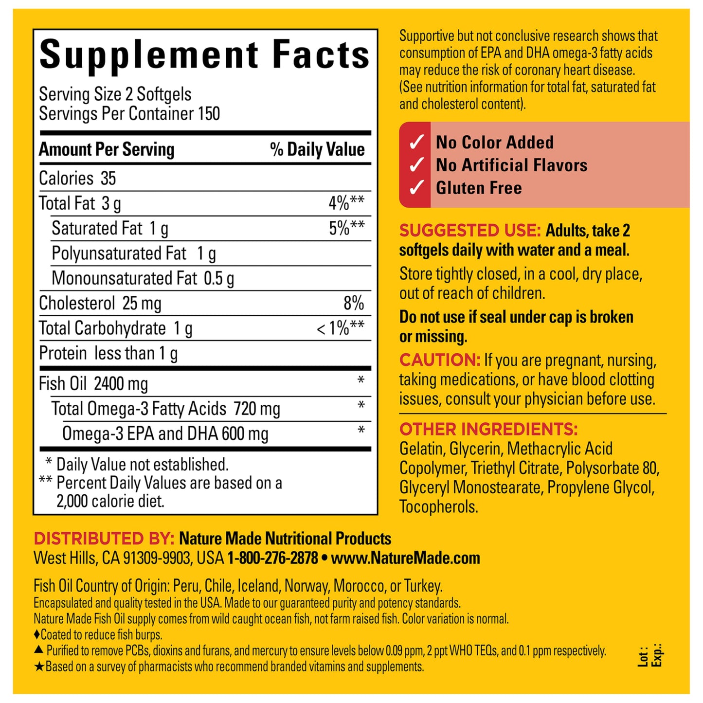 Nature Made Burp Less Fish Oil Omega 3 Supplements Softgels, 1200 mg, 300 Softgels