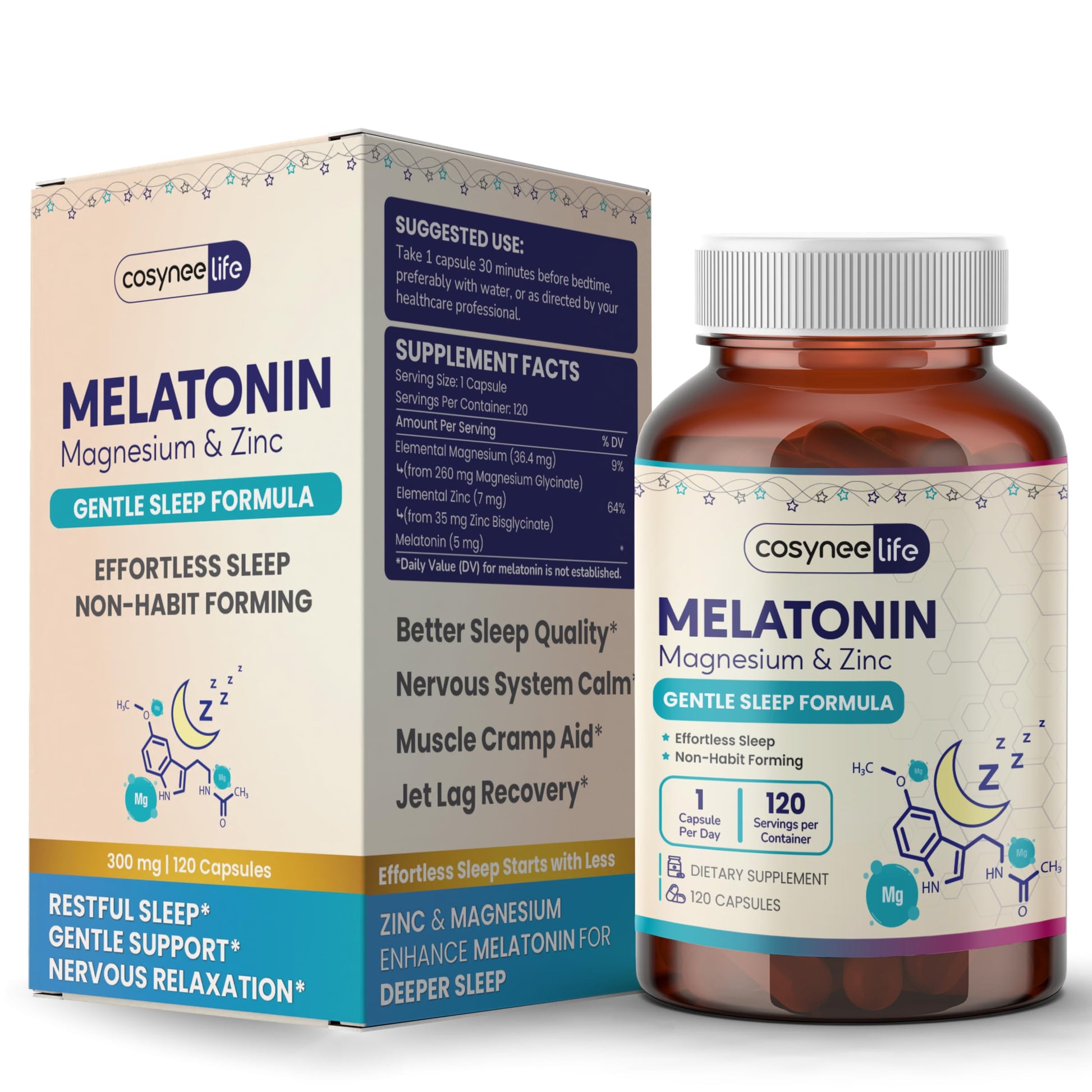 Cosynee Life Melatonin 5mg with Magnesium Glycinate & Zinc 120 Capsules