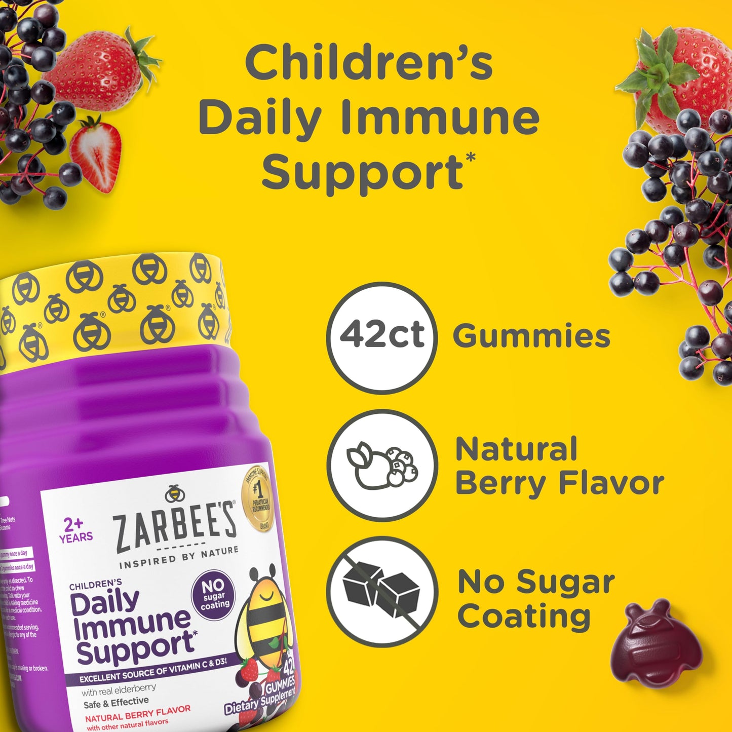 Zarbee's No Sugar Coating Elderberry Gummies for Kids, Daily Immune Support, 42 ct