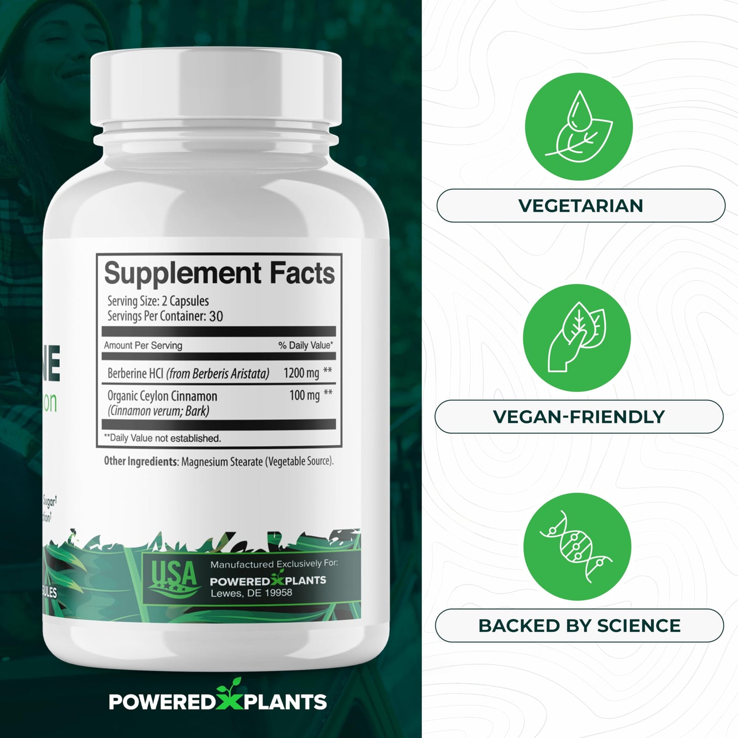 POWERED X PLANTS Berberine with Cinnamon Supplement Capsule, 300 Capsules