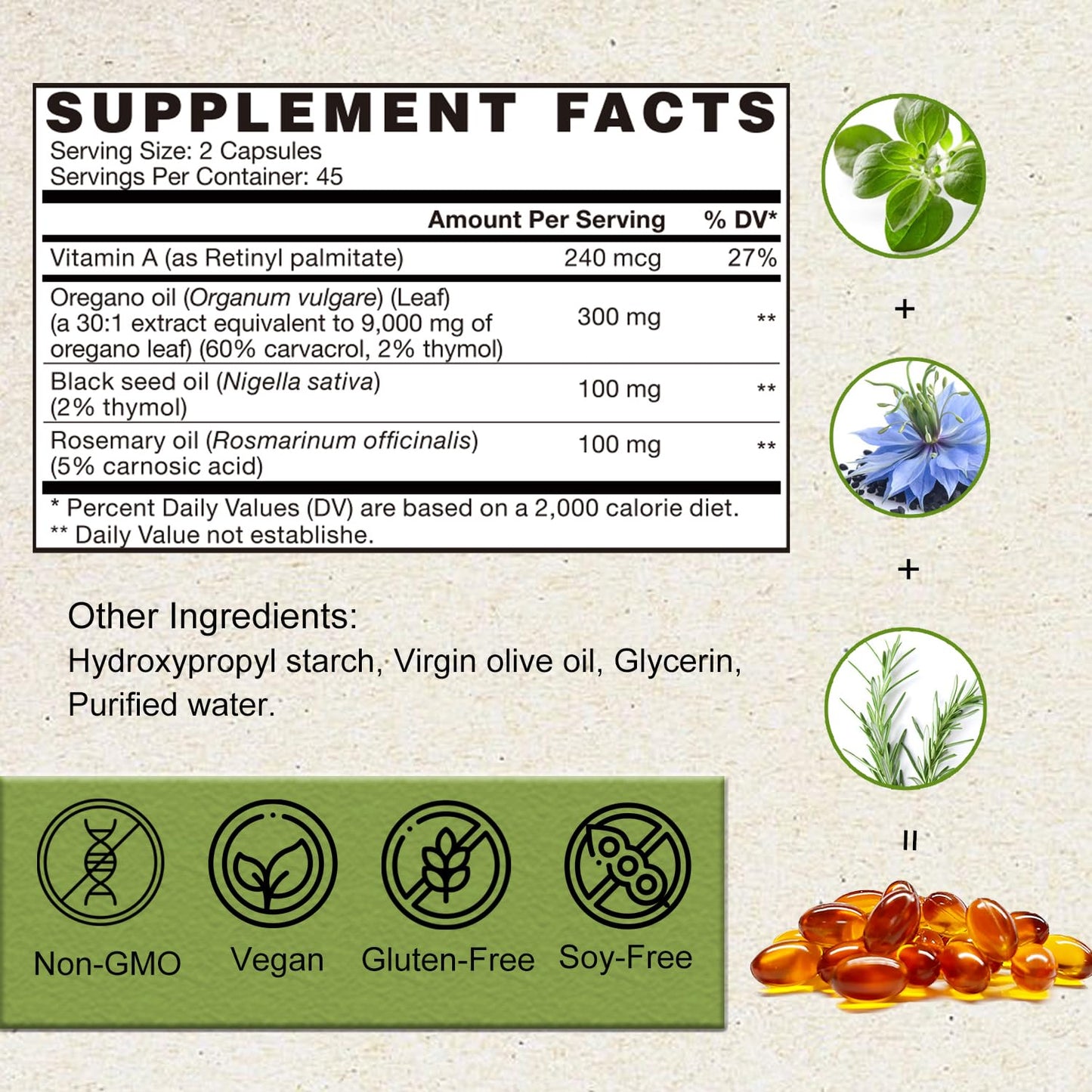 VEGEPOWER Oil of Oregano with Black Seed Oil & Rosemary Softgels, 90 Count