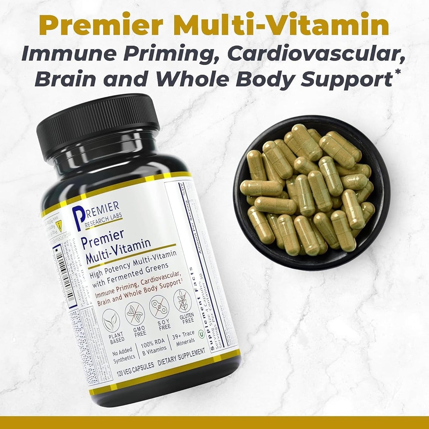 Premier Research Labs Multi-Vitamin - Immune, Brain & Heart Support with Prebiotics and Postbiotics, Vegan, Gluten & Soy Free, 120 Capsules